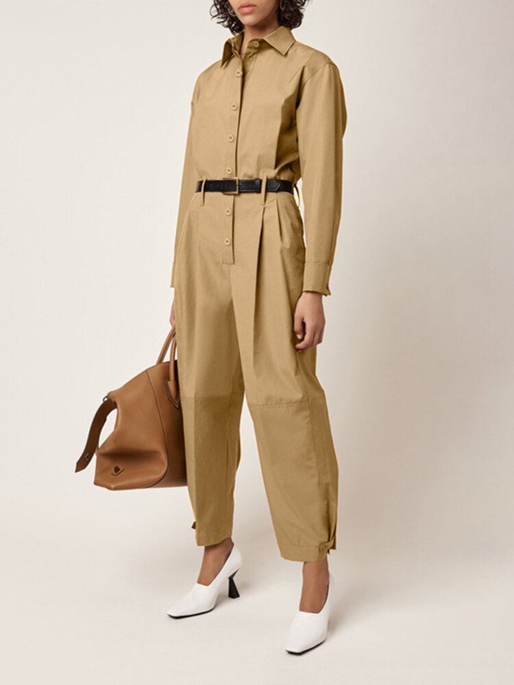 Kvinder Ensfarvet Button Up Revers Langærmet Casual Stitching Cargo Jumpsuit