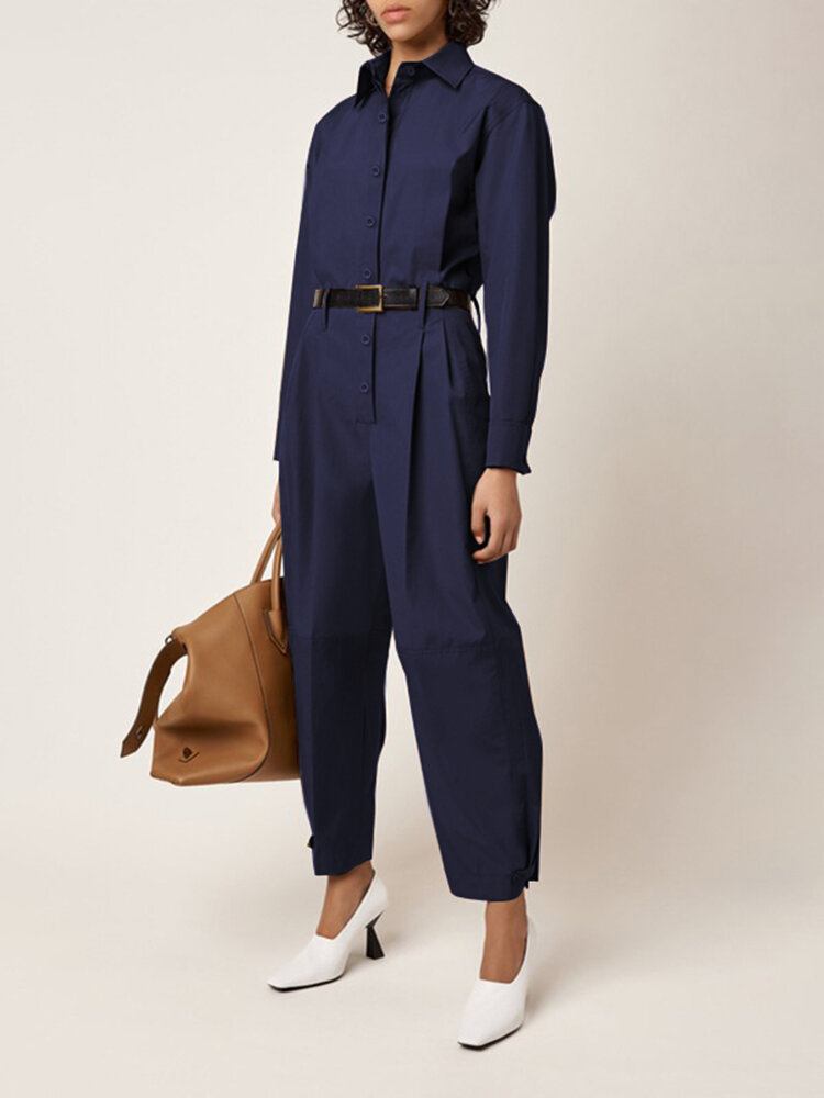 Kvinder Ensfarvet Button Up Revers Langærmet Casual Stitching Cargo Jumpsuit