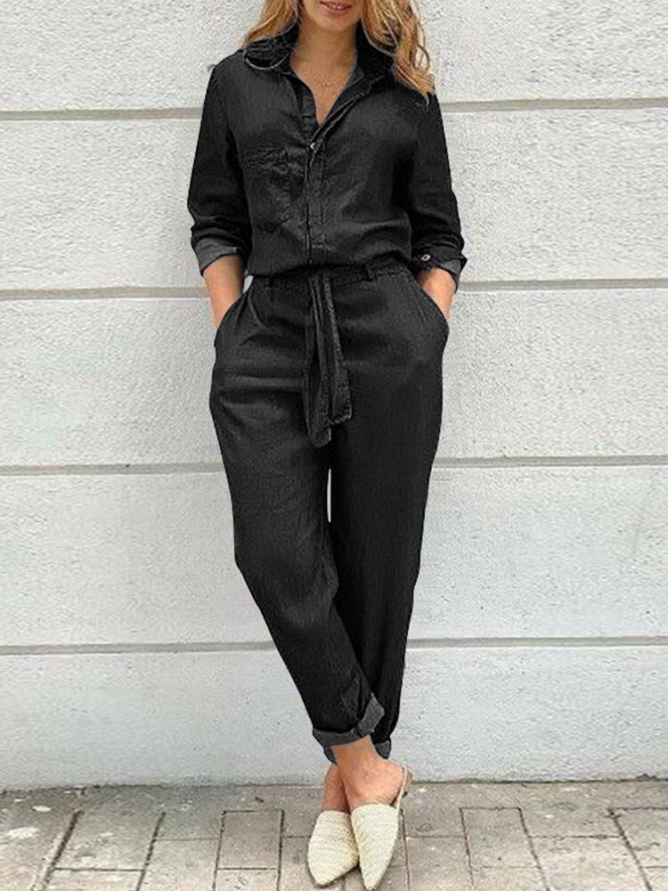 Kvinder Ensfarvet Knap Front Camp Collar Daily Jumpsuit