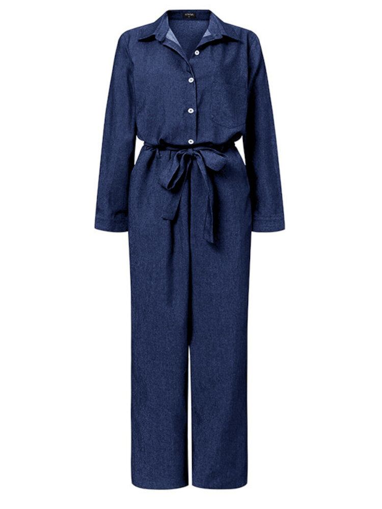 Kvinder Ensfarvet Knap Front Camp Collar Daily Jumpsuit