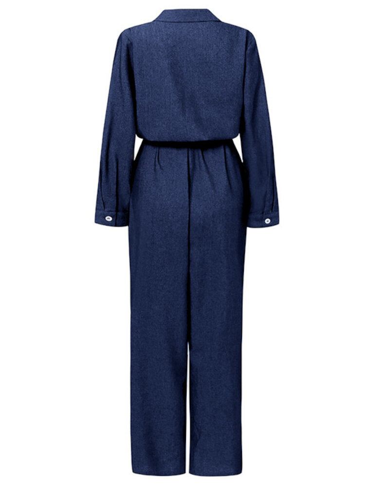 Kvinder Ensfarvet Knap Front Camp Collar Daily Jumpsuit