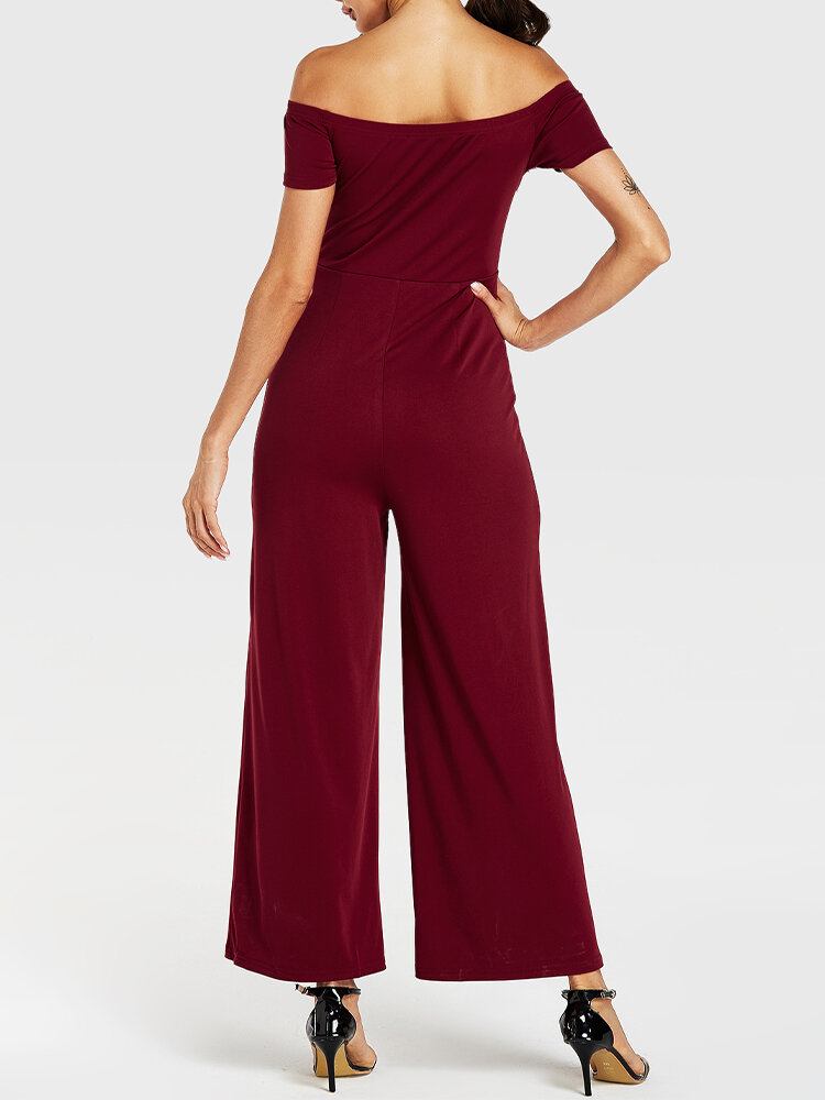 Kvinder Ensfarvet Off Skulder Slash Neck Kortærmet Stilfuld Casual Jumpsuit