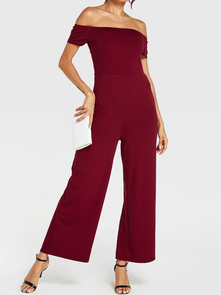 Kvinder Ensfarvet Off Skulder Slash Neck Kortærmet Stilfuld Casual Jumpsuit