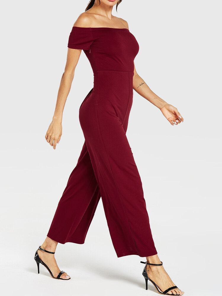 Kvinder Ensfarvet Off Skulder Slash Neck Kortærmet Stilfuld Casual Jumpsuit