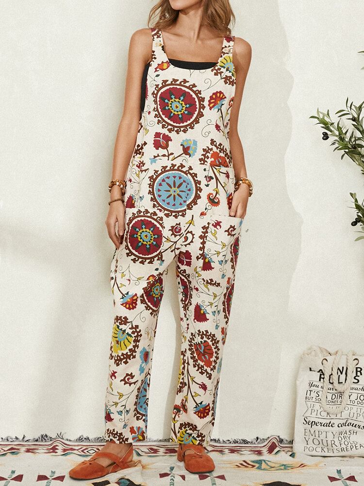 Kvinder Etnisk Mønster Printstropper Casual Løs Jumpsuit Med Lomme