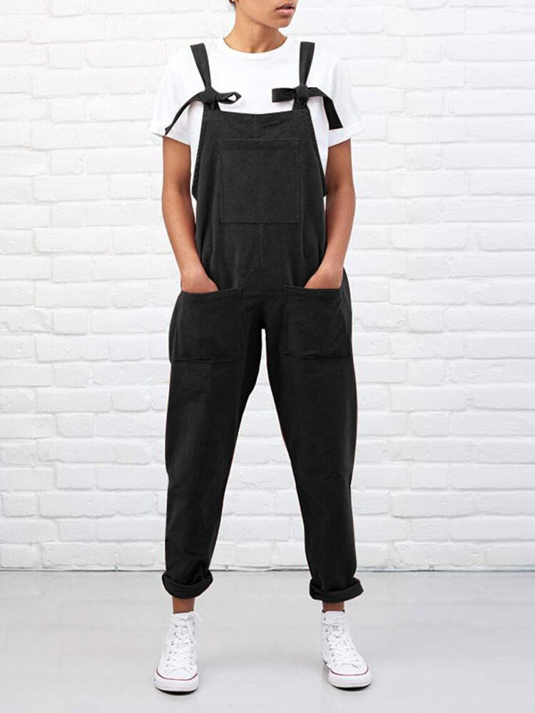 Kvinder Fløjlsfarve Ensfarvet Snørebrystsidelommer Casual Jumpsuit