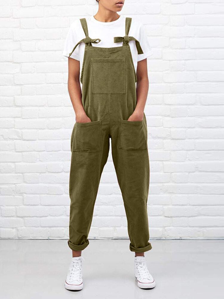 Kvinder Fløjlsfarve Ensfarvet Snørebrystsidelommer Casual Jumpsuit