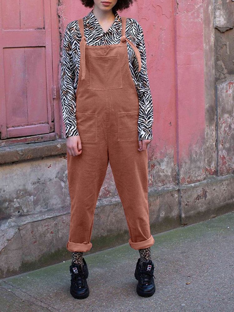 Kvinder Fløjlsfarve Ensfarvet Snørebrystsidelommer Casual Jumpsuit