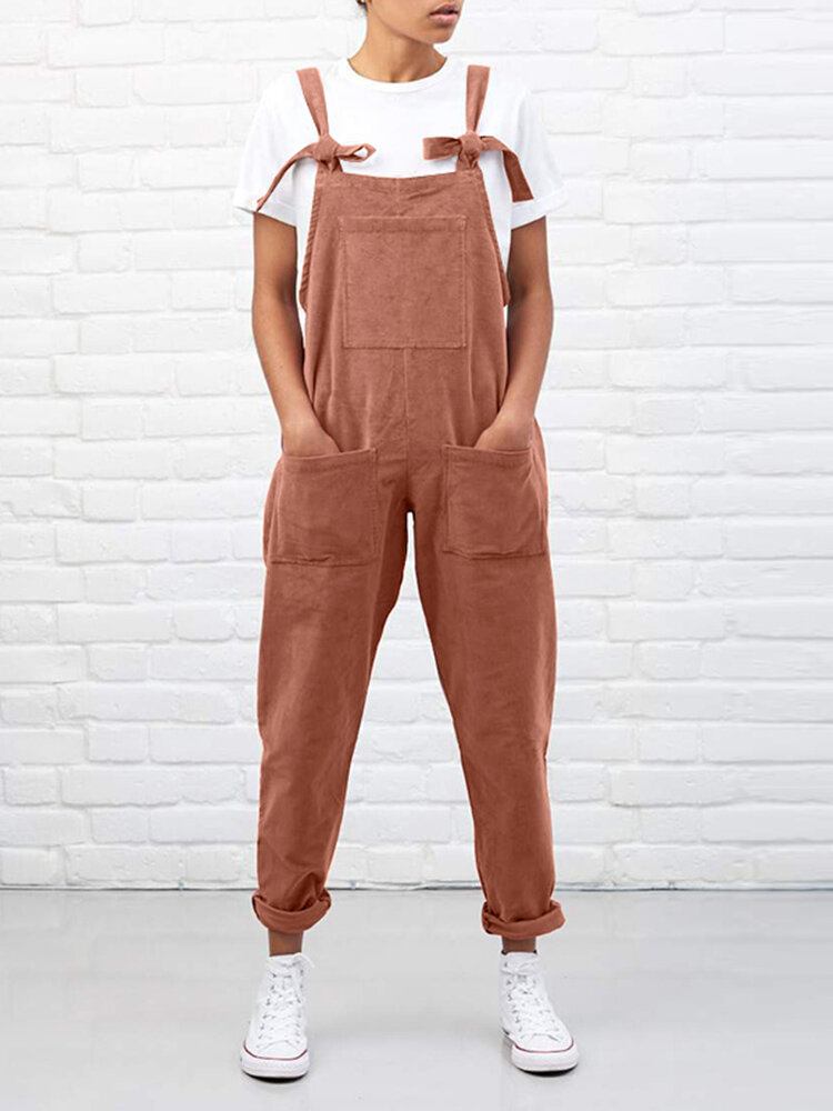 Kvinder Fløjlsfarve Ensfarvet Snørebrystsidelommer Casual Jumpsuit