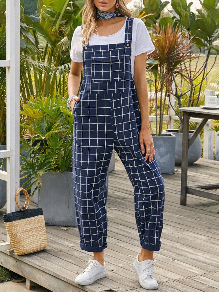 Kvinder Grid Justerbar Strappy Ærmeløse Casual Jumpsuits Med Klaplomme