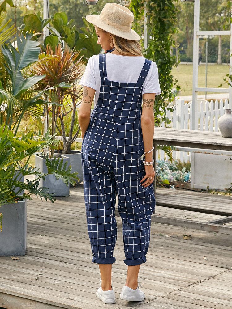 Kvinder Grid Justerbar Strappy Ærmeløse Casual Jumpsuits Med Klaplomme