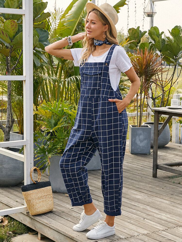 Kvinder Grid Justerbar Strappy Ærmeløse Casual Jumpsuits Med Klaplomme