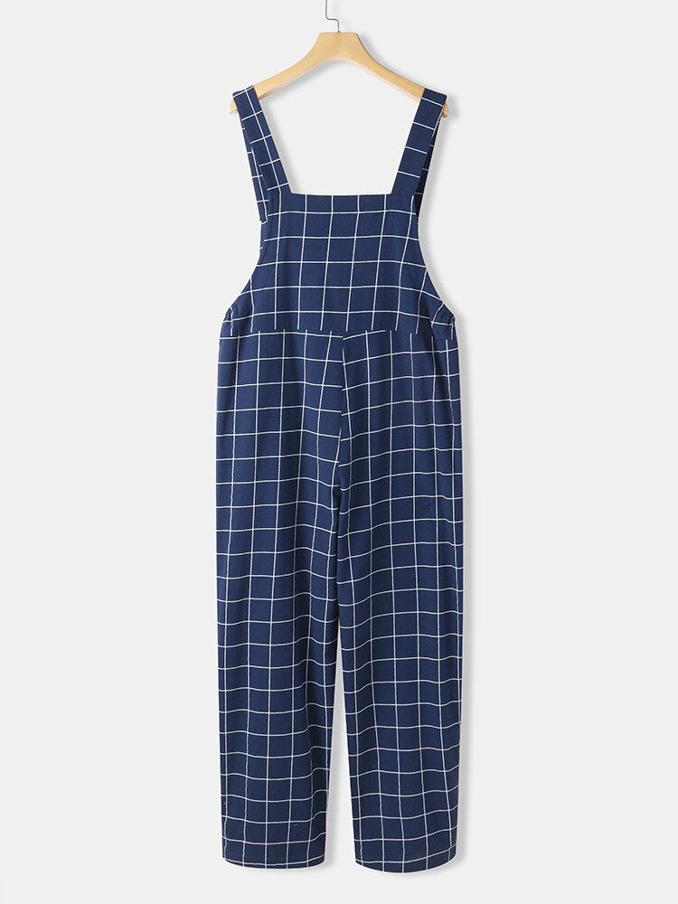 Kvinder Grid Justerbar Strappy Ærmeløse Casual Jumpsuits Med Klaplomme