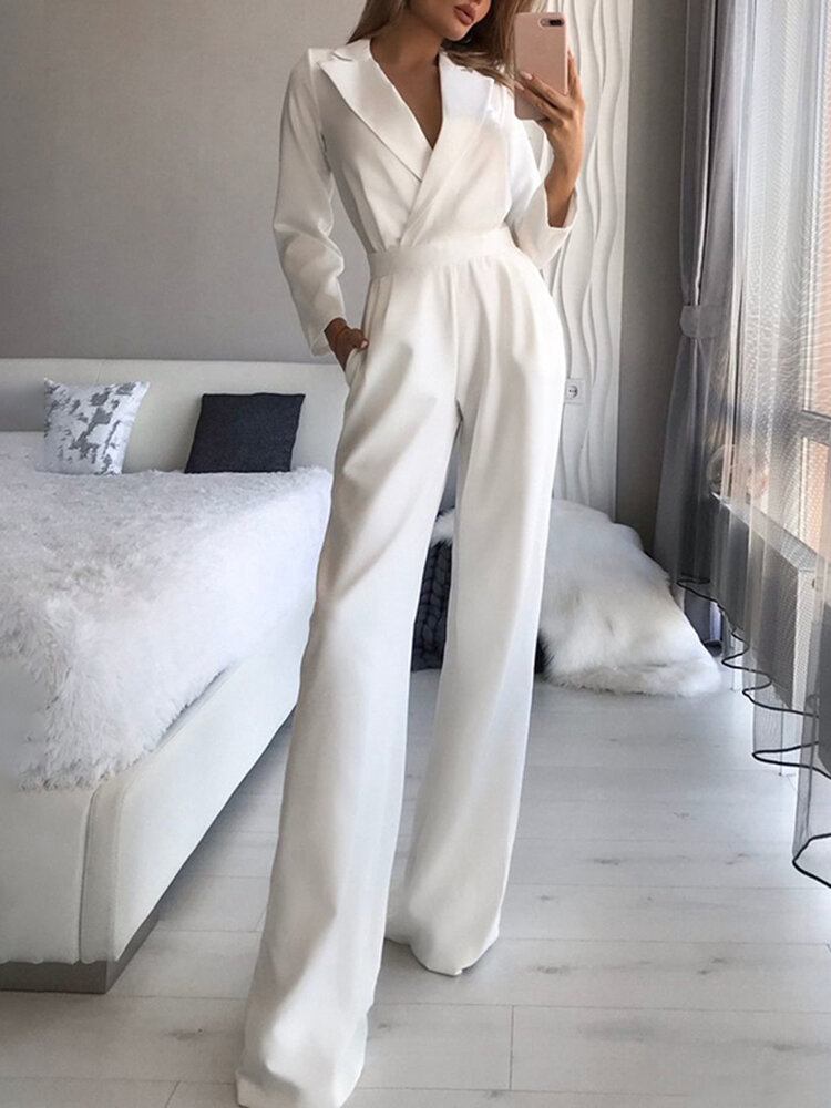 Kvinder Sidelommer Maxi Længde Ryg Lynlås Knapper Casual Jumpsuit