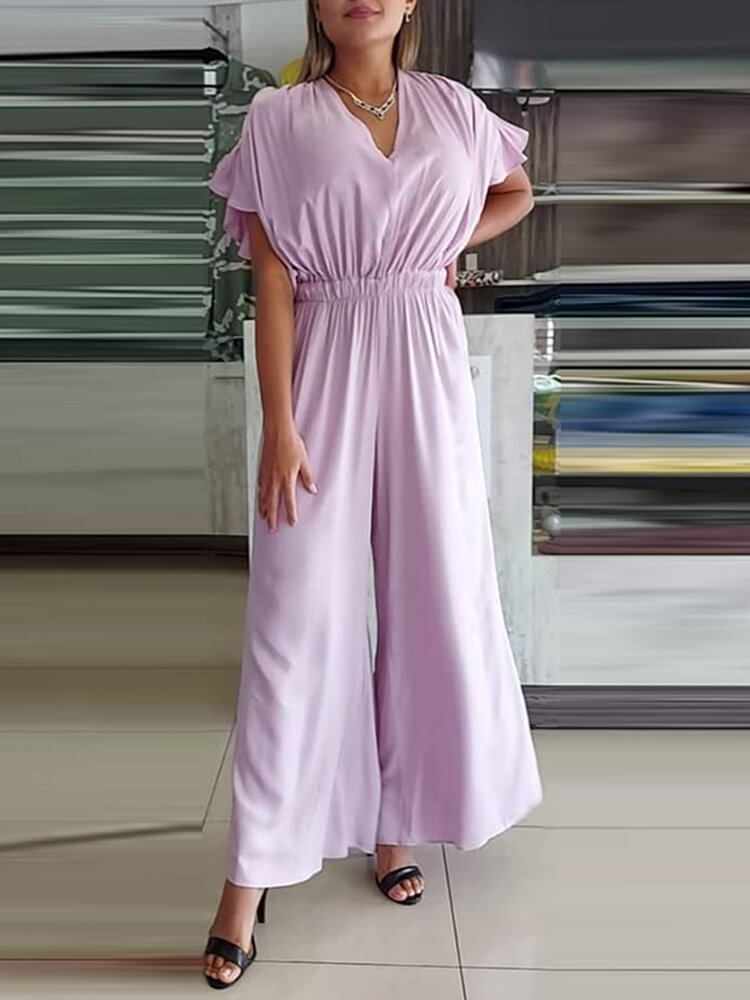 Kvinder V-hals Kortærmet Solid Summer Leisure Jumpsuit Med Lomme