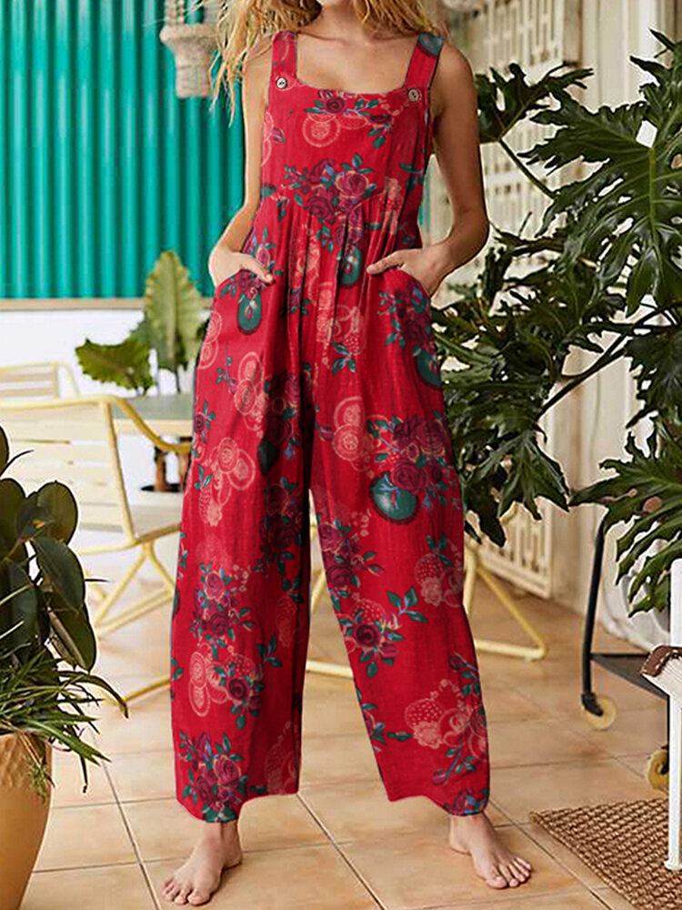 Kvinder Vintage Blomsterprint Bomuld Rygløse Strappy Jumpsuits Med Lomme