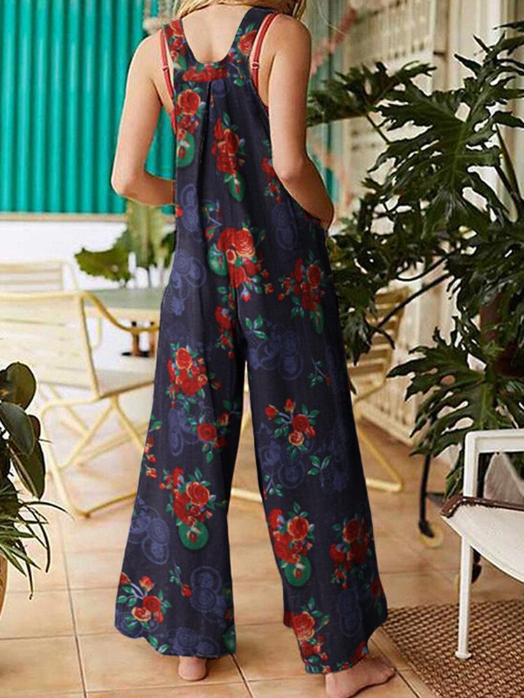 Kvinder Vintage Blomsterprint Bomuld Rygløse Strappy Jumpsuits Med Lomme