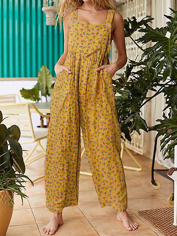 Kvinder Vintage Ditsy Floral Print Dobbeltlomme Casual Strappy Jumpsuits