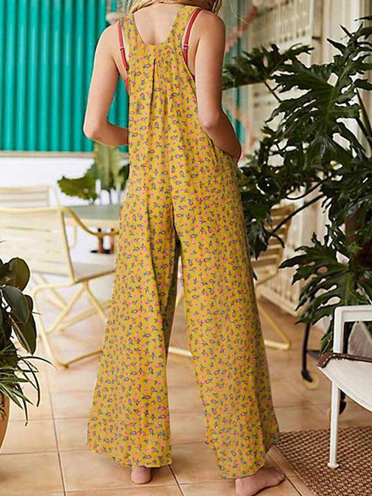 Kvinder Vintage Ditsy Floral Print Dobbeltlomme Casual Strappy Jumpsuits