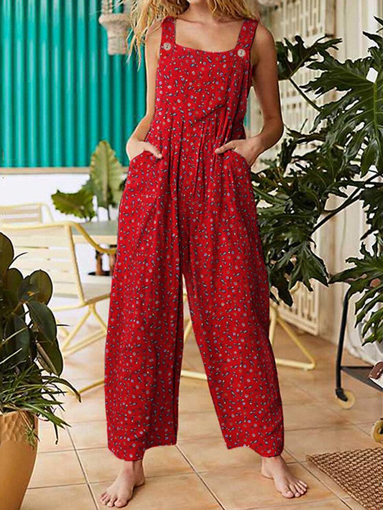 Kvinder Vintage Ditsy Floral Print Dobbeltlomme Casual Strappy Jumpsuits