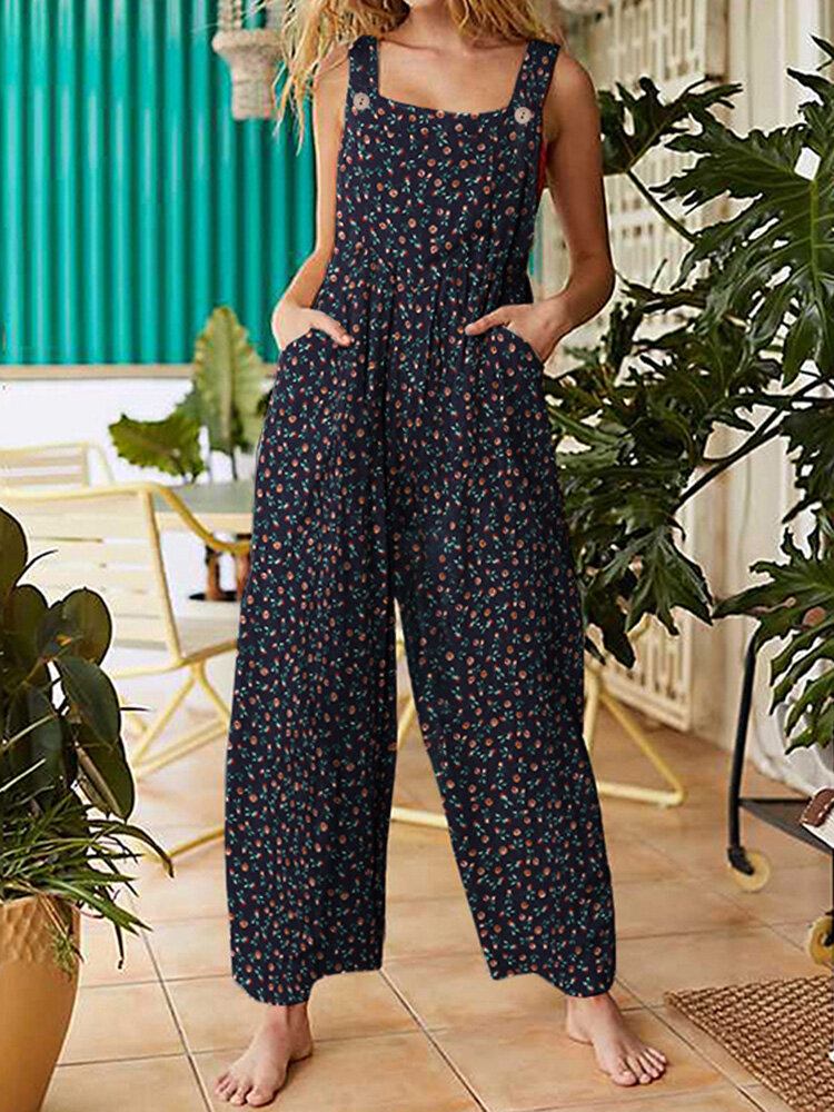 Kvinder Vintage Ditsy Floral Print Dobbeltlomme Casual Strappy Jumpsuits