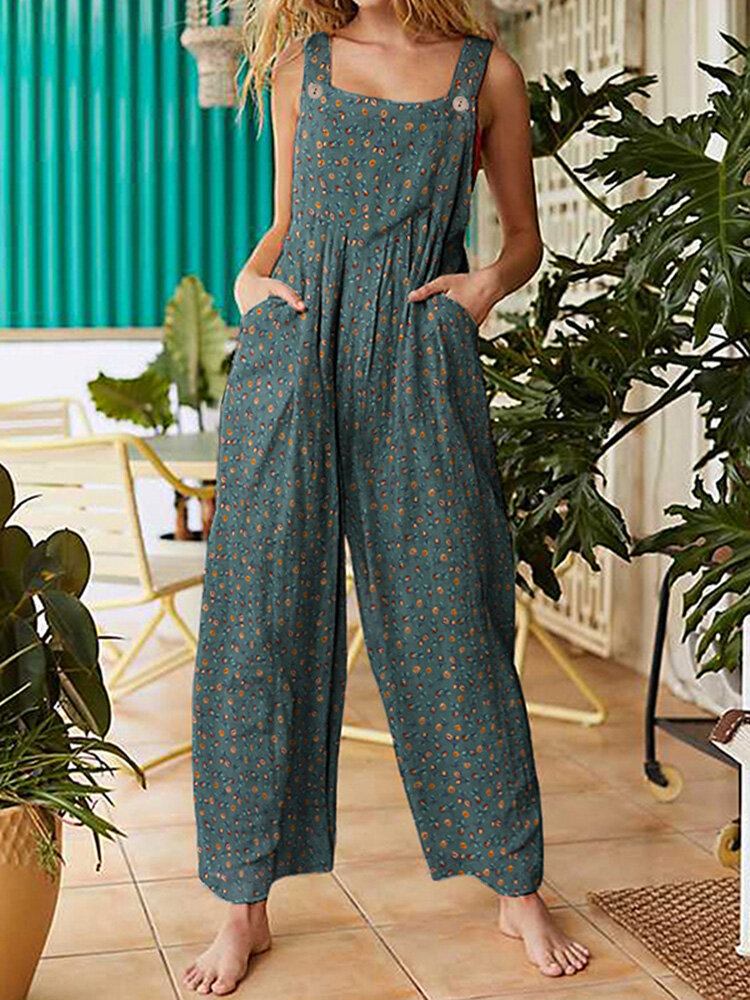 Kvinder Vintage Ditsy Floral Print Dobbeltlomme Casual Strappy Jumpsuits