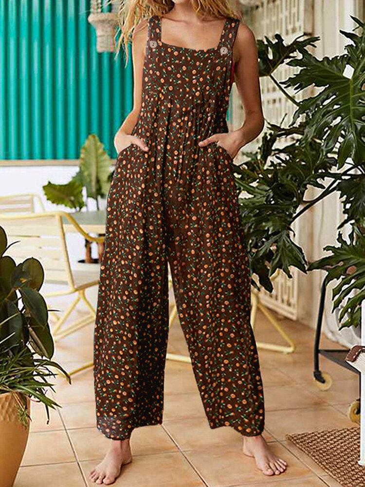 Kvinder Vintage Ditsy Floral Print Dobbeltlomme Casual Strappy Jumpsuits