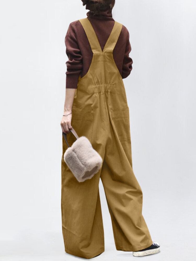 Kvinder Vintage Stropper Ensfarvet Casual Jumpsuit Med Elastisk Talje Med Lomme