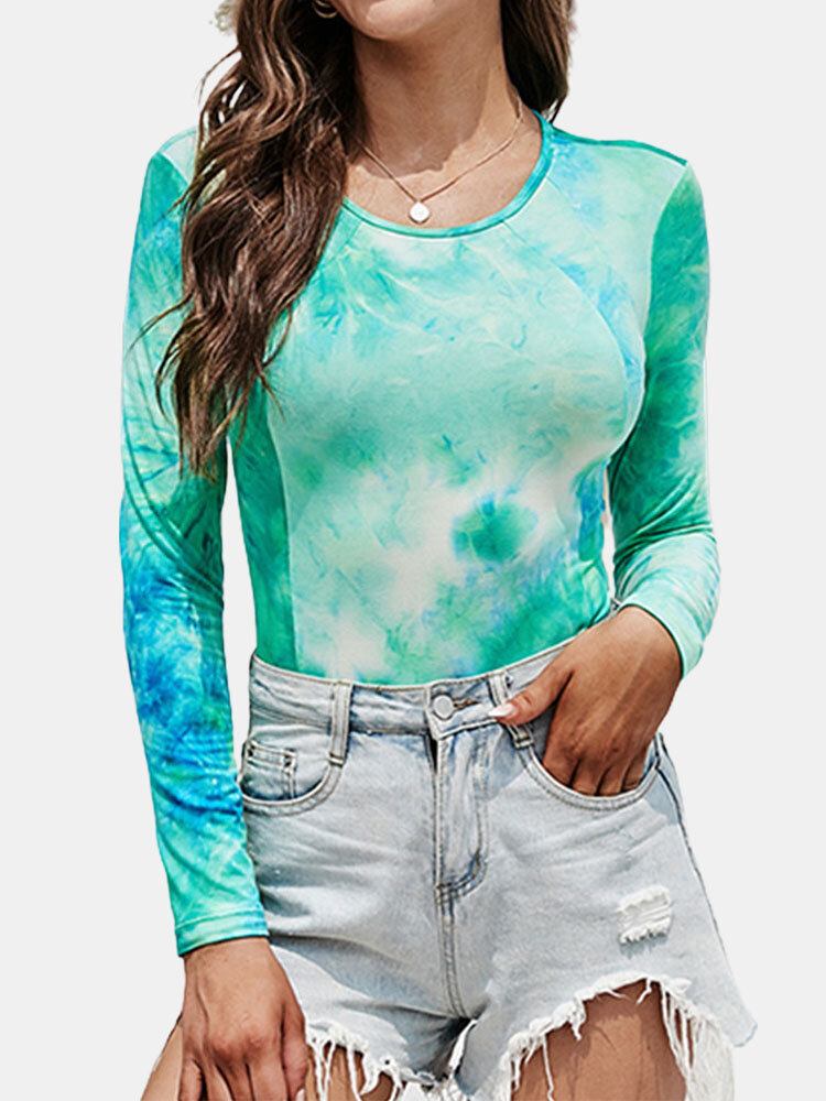 O-hals Langærmet Tie Dye Print Tætsiddende Sportsbodysuit