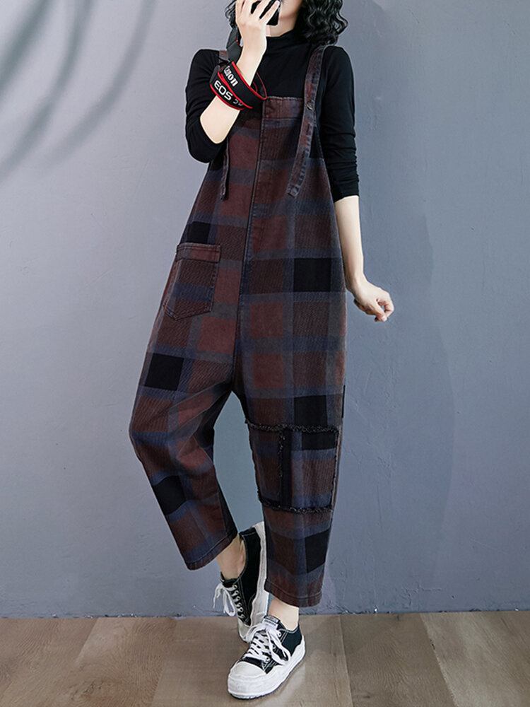 Plaid Print Demin Lommer Causal Harem Jumpsuit Til Kvinder