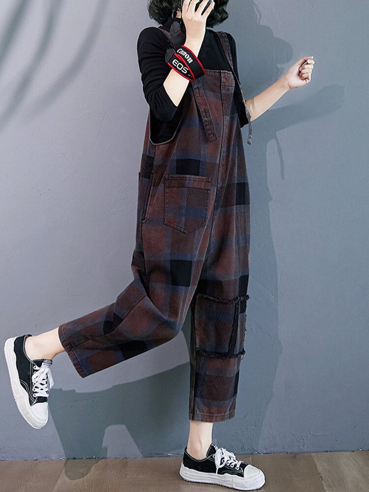 Plaid Print Demin Lommer Causal Harem Jumpsuit Til Kvinder