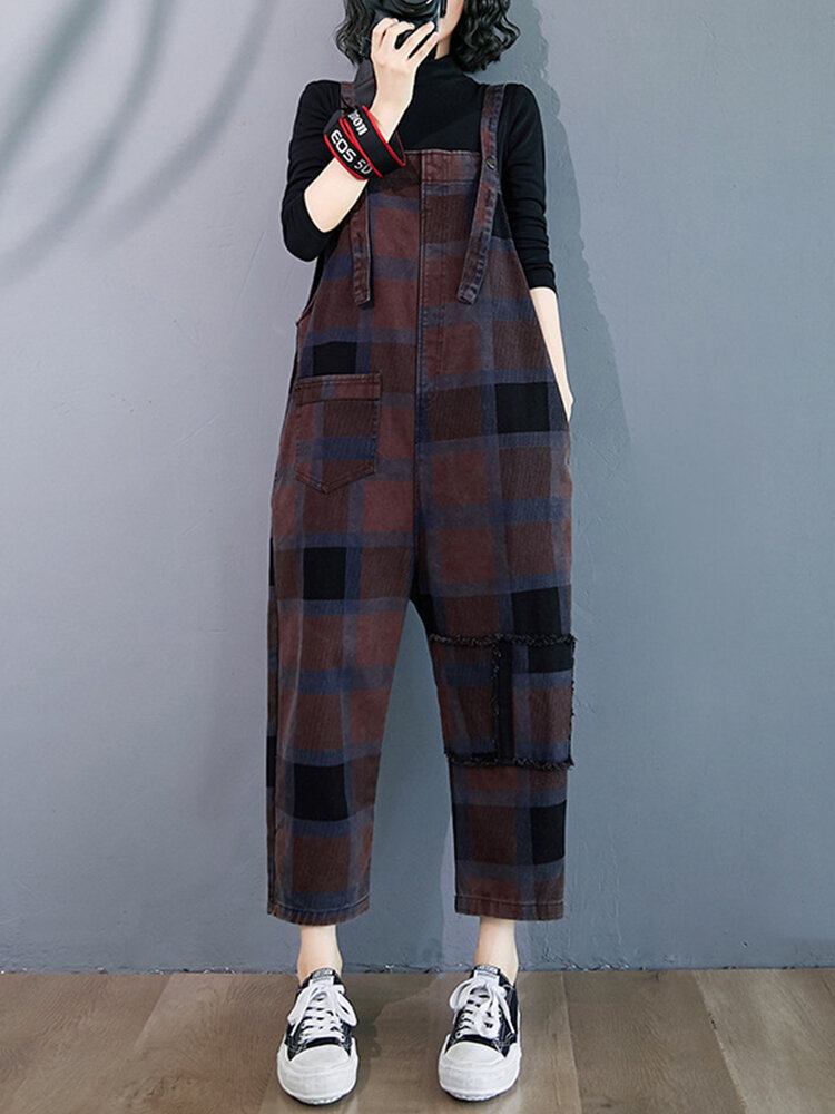 Plaid Print Demin Lommer Causal Harem Jumpsuit Til Kvinder