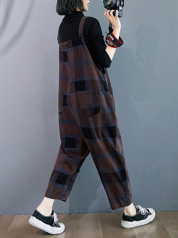 Plaid Print Demin Lommer Causal Harem Jumpsuit Til Kvinder