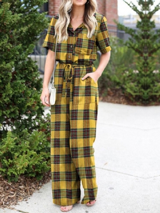 Plaid Print Lomme Kortærmet Jumpsuit Med Brede Ben