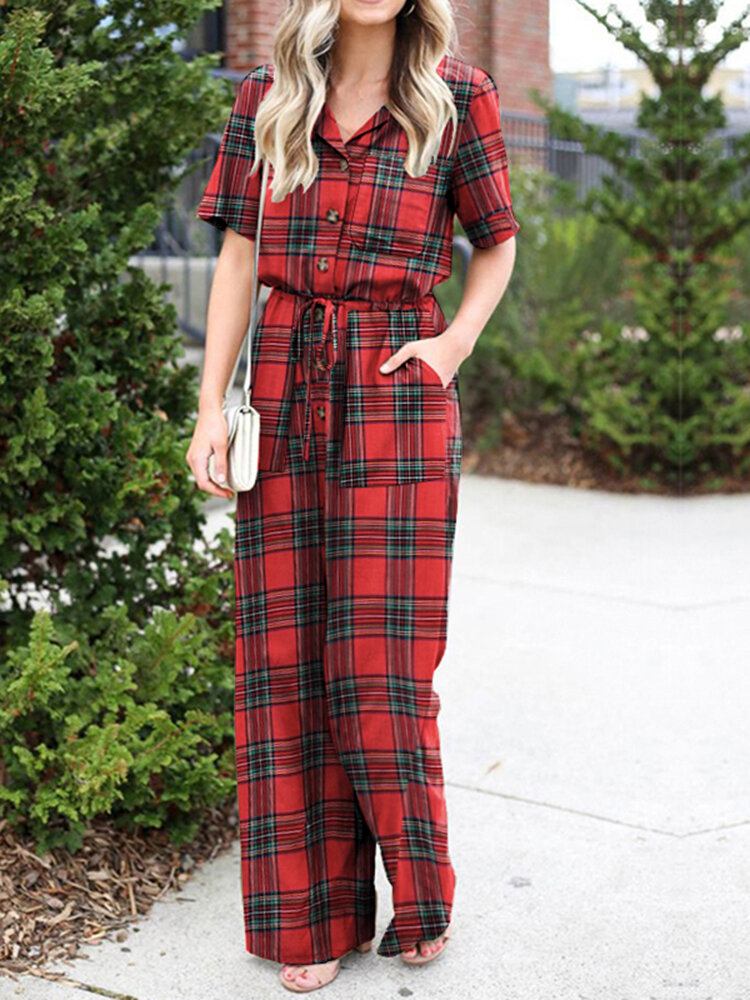 Plaid Print Lomme Kortærmet Jumpsuit Med Brede Ben