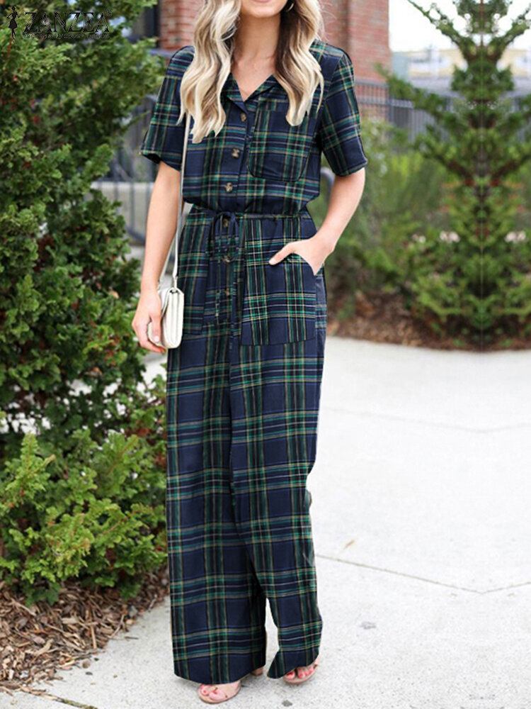 Plaid Print Lomme Kortærmet Jumpsuit Med Brede Ben