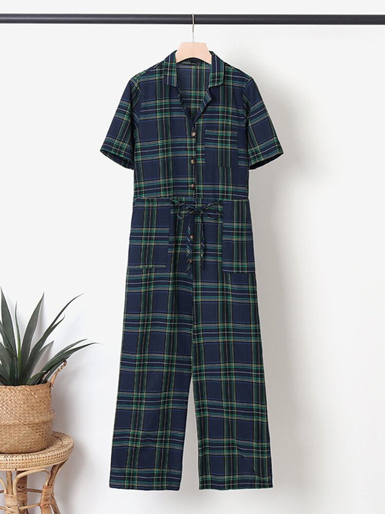 Plaid Print Lomme Kortærmet Jumpsuit Med Brede Ben