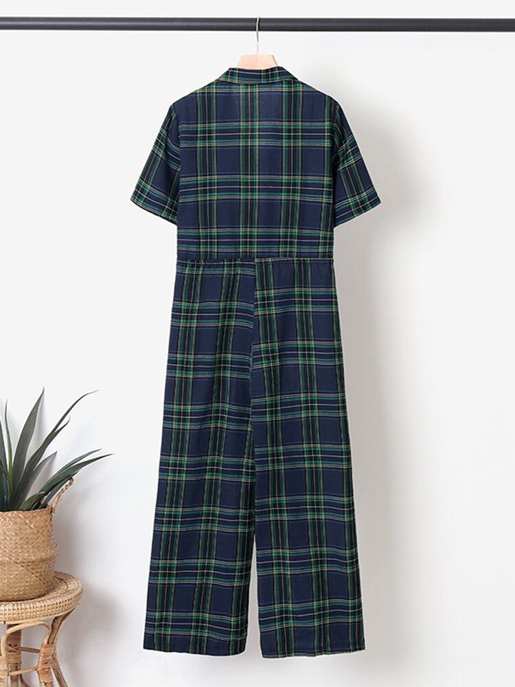 Plaid Print Lomme Kortærmet Jumpsuit Med Brede Ben