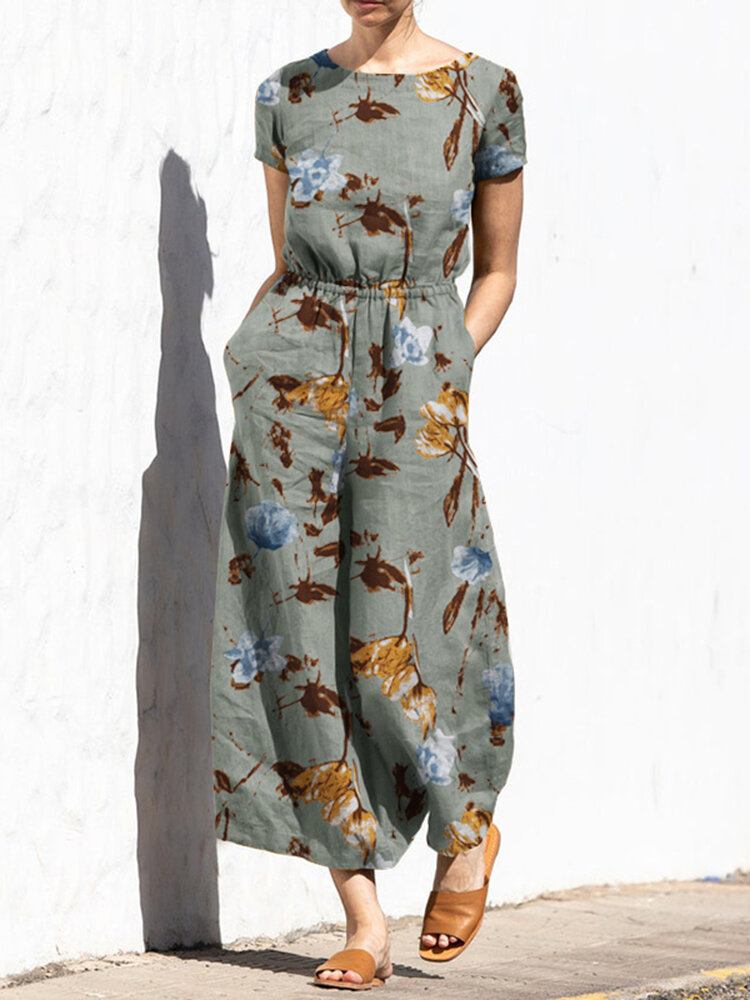 Plant Print Pocket Sash Rundhals Kortærmet Jumpsuit