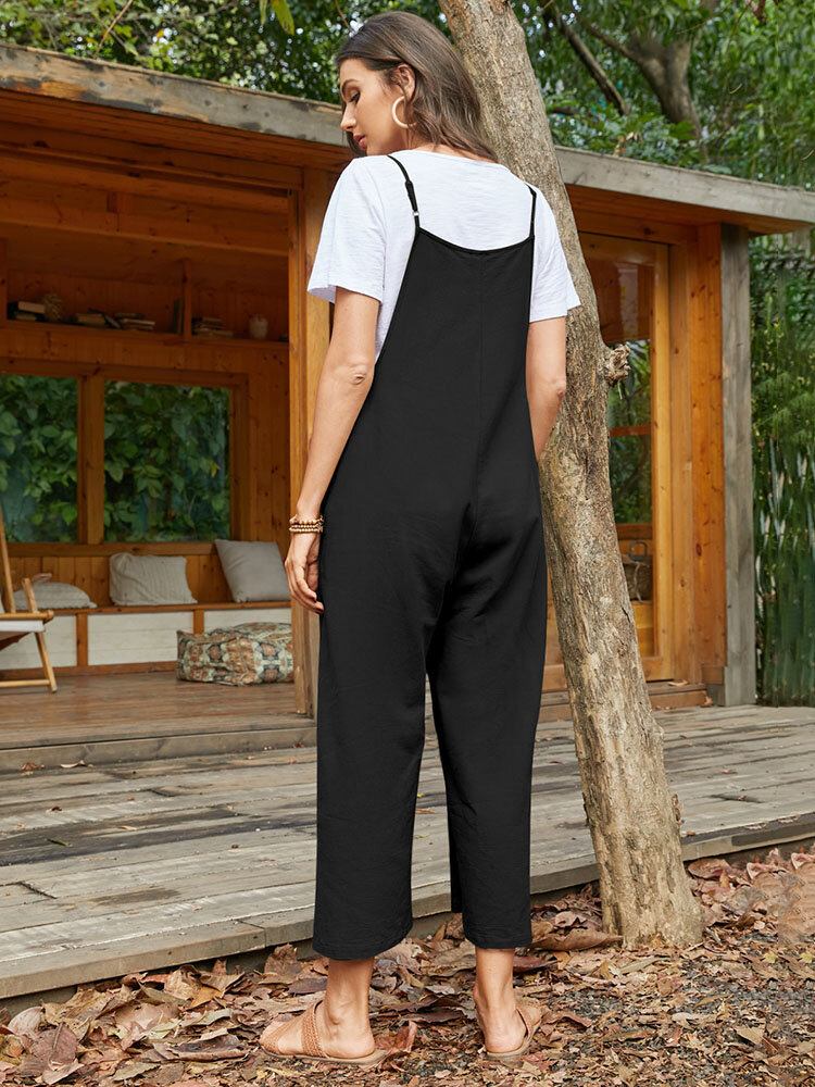 Pocket Solid Løs Fit Brief Summer Jumpsuit