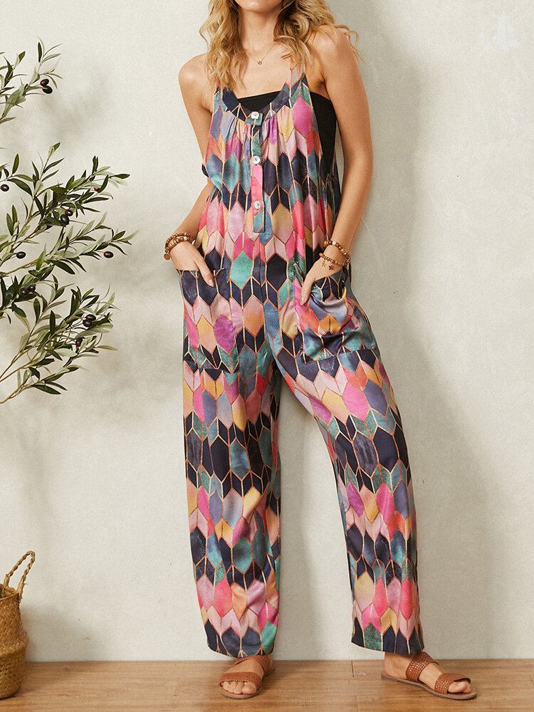 Retro Geometrisk Trykte Stropper Patchwork Jumpsuit Med Lomme