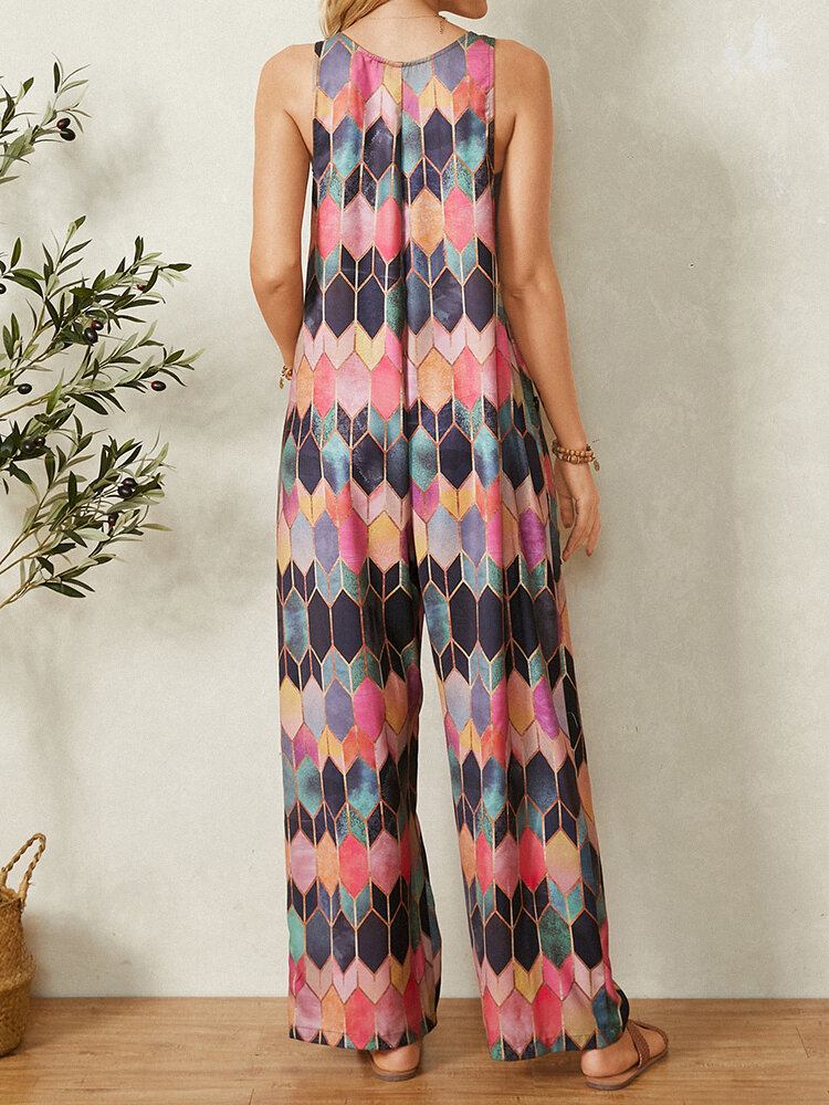 Retro Geometrisk Trykte Stropper Patchwork Jumpsuit Med Lomme