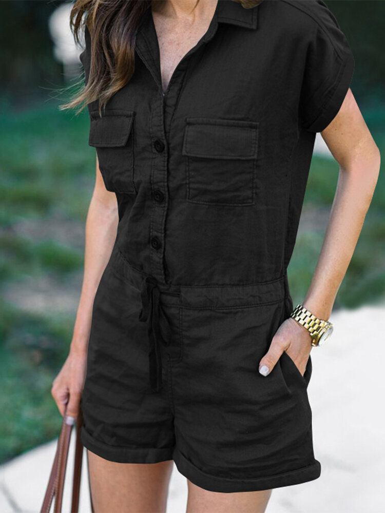 Solid Knap Lomme Snøre Lapel Romper