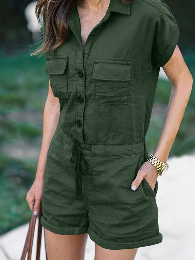 Solid Knap Lomme Snøre Lapel Romper