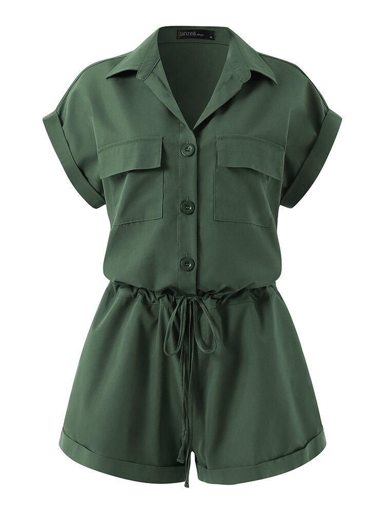 Solid Knap Lomme Snøre Lapel Romper