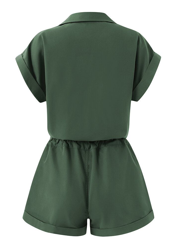 Solid Knap Lomme Snøre Lapel Romper