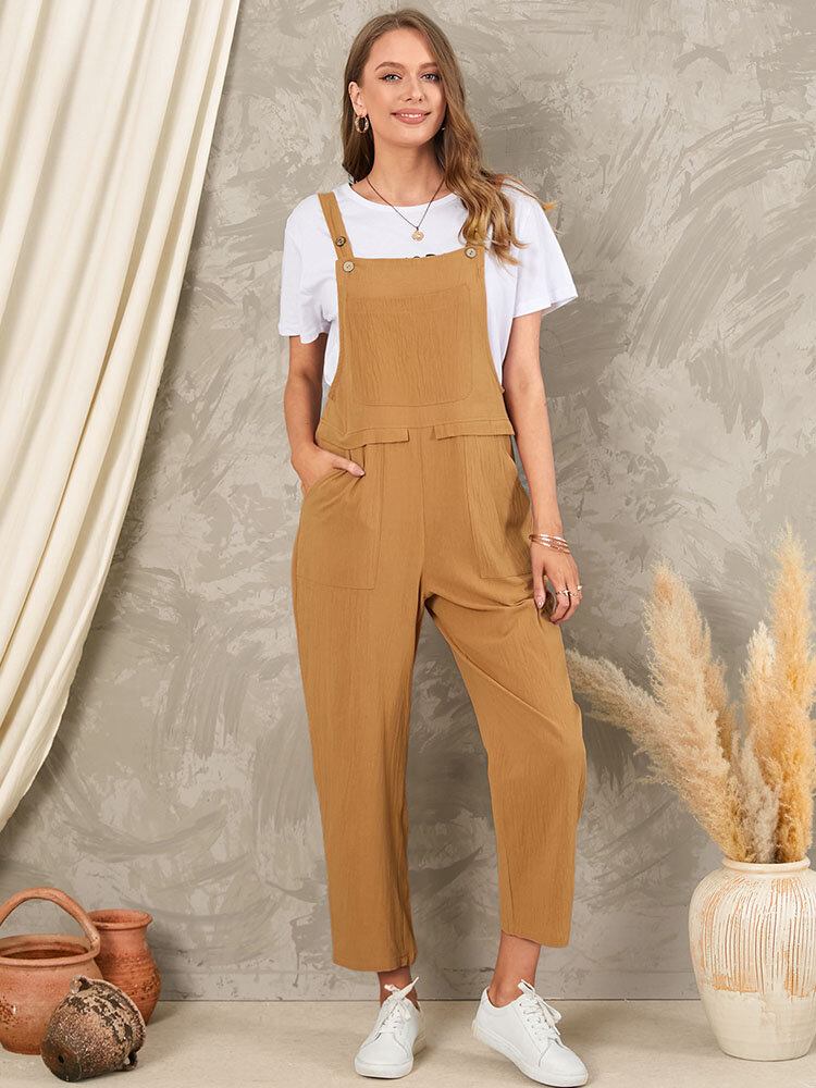 Solid Pocket Ærmeløs Knap Casual Jumpsuit Til Kvinder