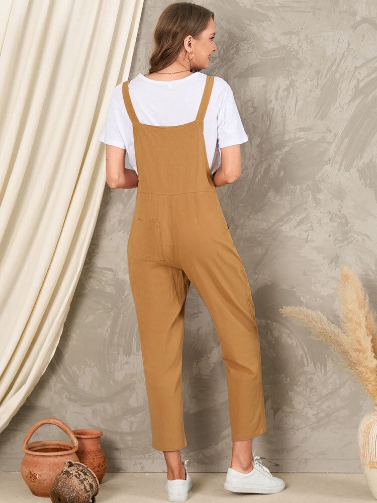 Solid Pocket Ærmeløs Knap Casual Jumpsuit Til Kvinder