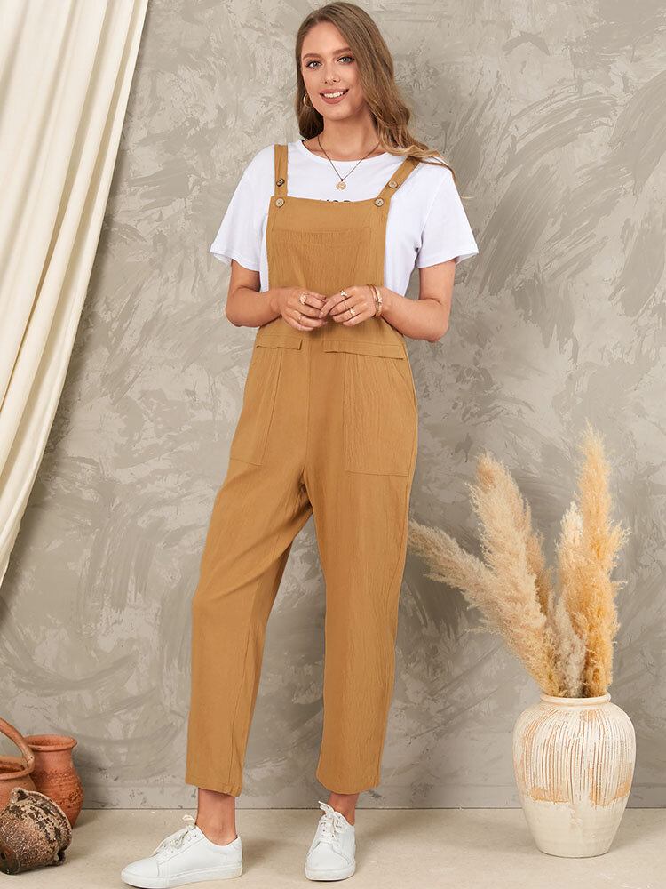 Solid Pocket Ærmeløs Knap Casual Jumpsuit Til Kvinder