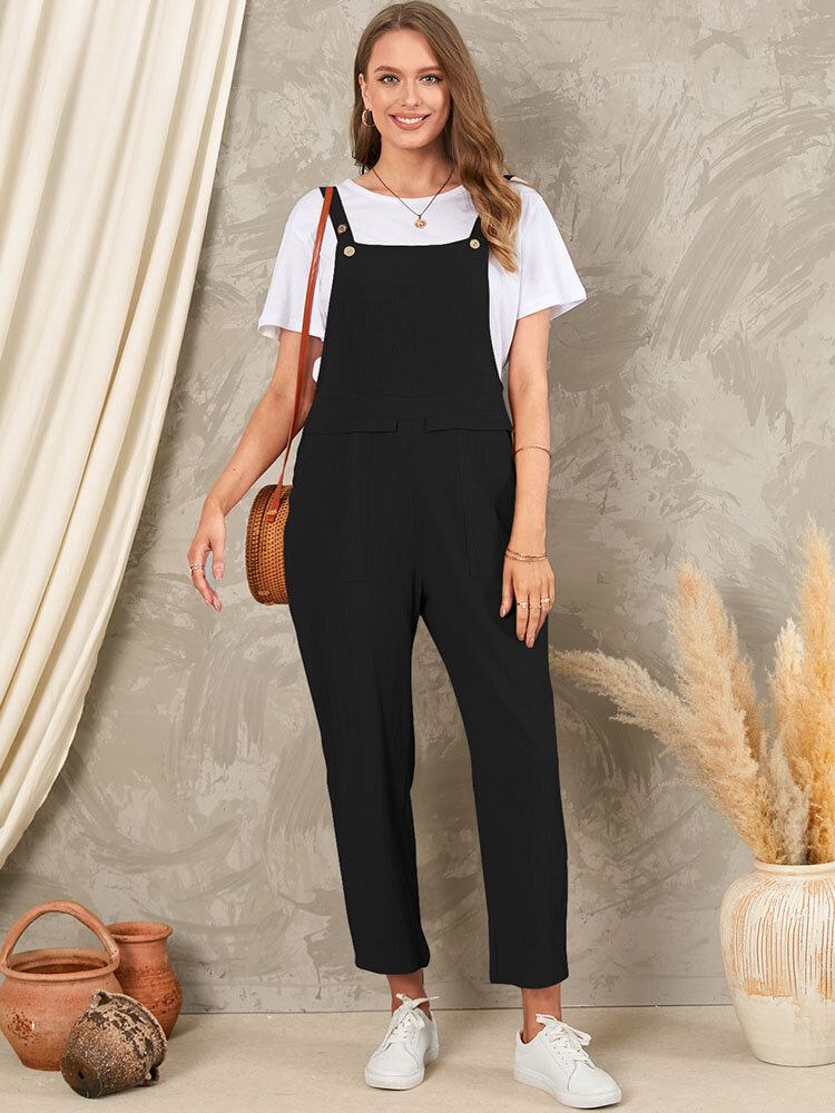 Solid Pocket Ærmeløs Knap Casual Jumpsuit Til Kvinder